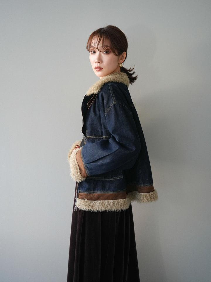 [予約]スタンドカラーファー×デニムジャケット/indigo
