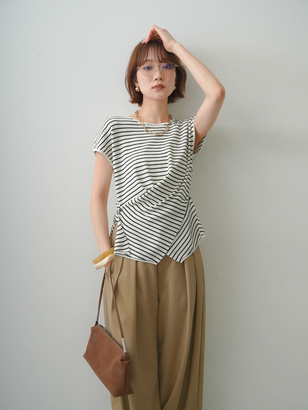 【套裝】交叉下擺針織+縐紗褶襉寬褲（兩套）