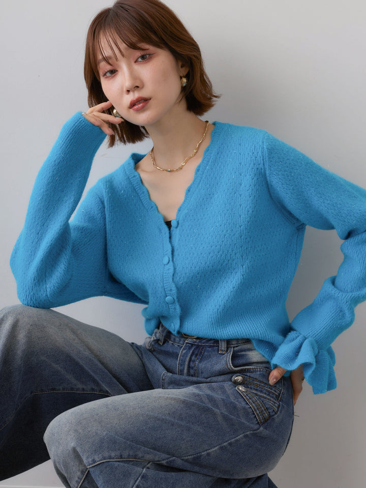 [SET]シュシュ付ラメニットカーディガン+選べるアクセセット(2set)