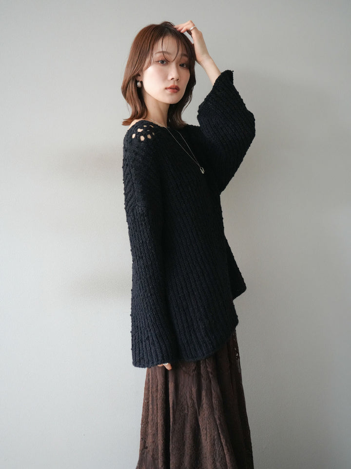 [予約]ボートネック透かし編みニットプルオーバー/navy