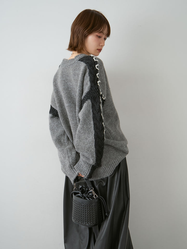 [予約]ハンドステッチデザインニットトップス/gray