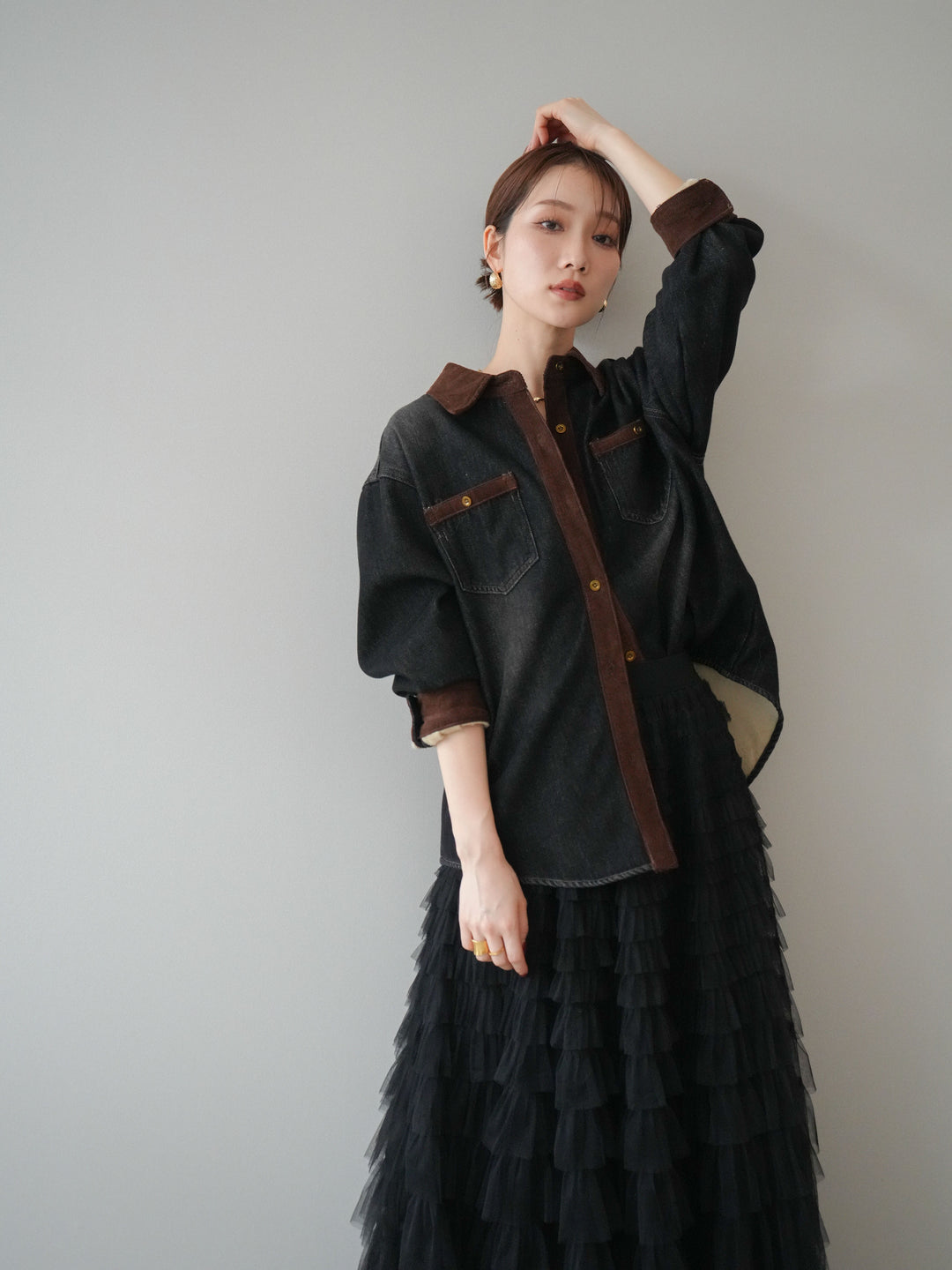 [予約]裏起毛コーデュロイ襟デニムシャツジャケット/black