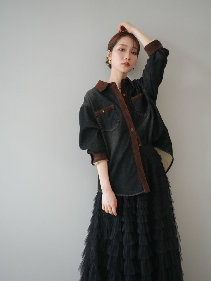 [予約]裏起毛コーデュロイ襟デニムシャツジャケット/black