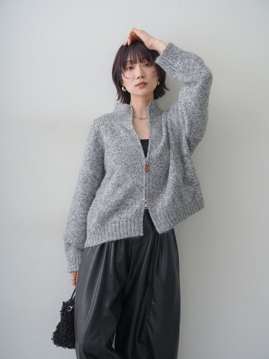 [SET]メランジダブルジップニットブルゾン+カップ付テレコリブベアキャミソール(2set)