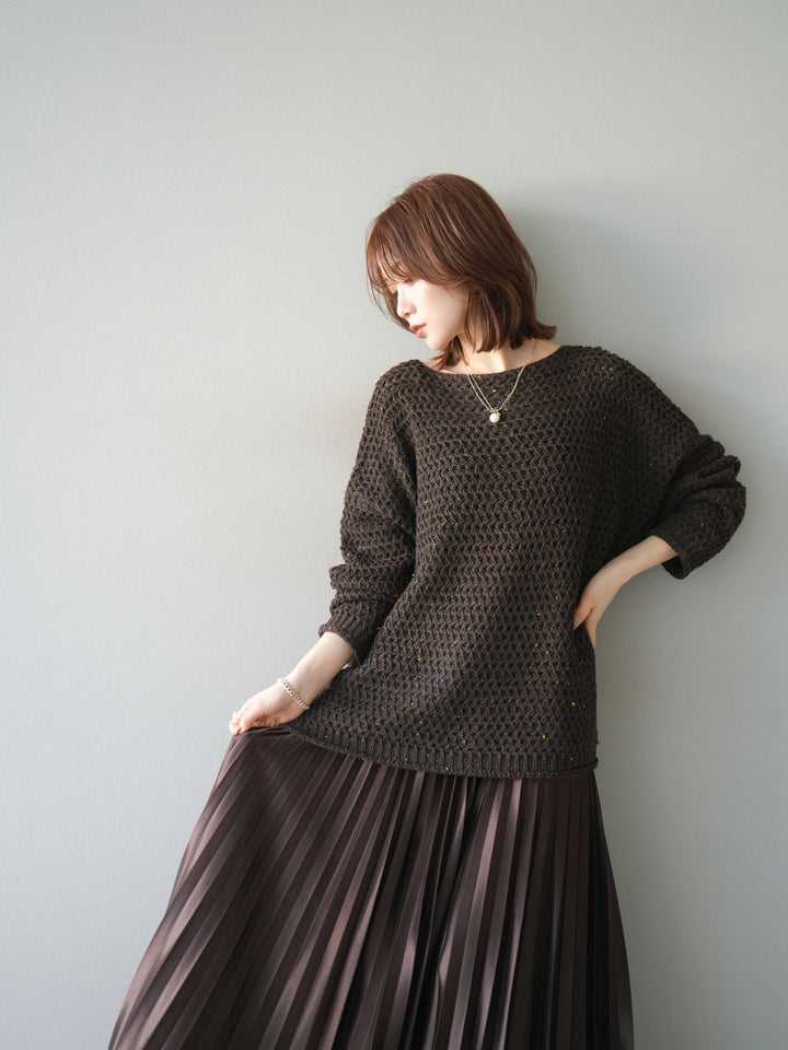 [予約]ネップ透かし編みオーバーニット/brown