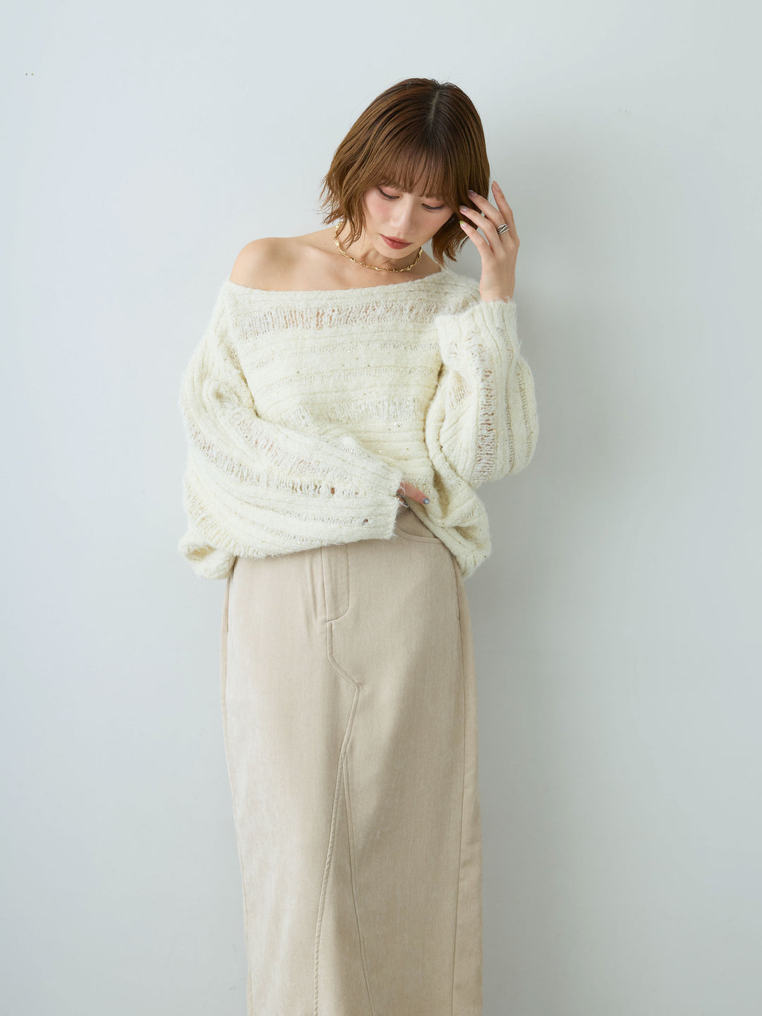[SET]ミックス透かし編ワイドネックニットトップス+ベロアデニムIラインスカート(2set)