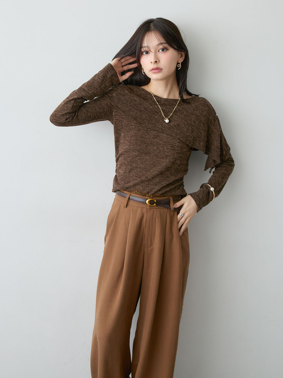 [SET]サイドギャザーアシメケープデザイントップス+ウエストレースドレープワイドパンツ(2set)
