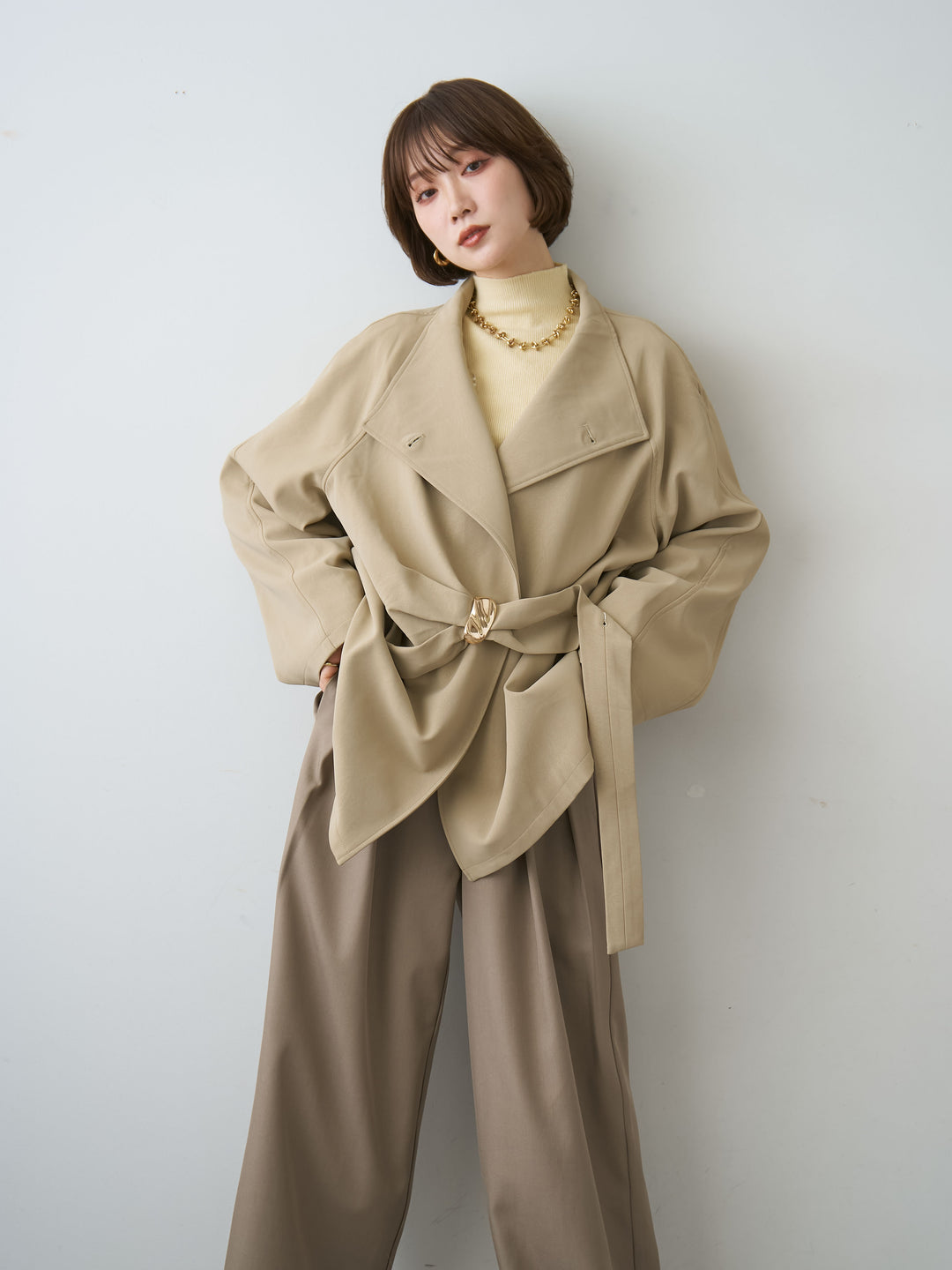 [SET]メタルモチーフレザータッチアシメジャケット+ツイルタックワイドパンツ(2set)