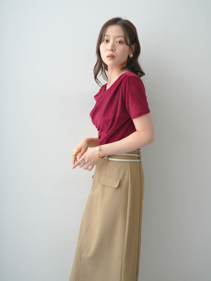 [SET]アシメネックシアーベロアトップス+クレープデシンフラップ付きストレートスカート(2set)