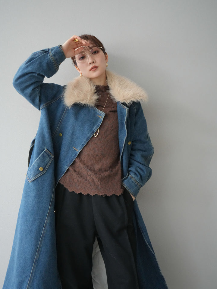 [予約]ファー襟デニムロングコート/blue
