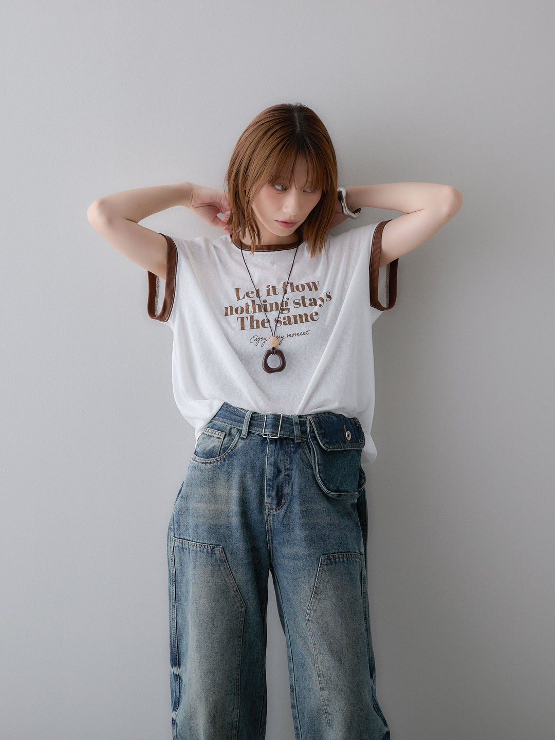 [SET]シアースラブバイカラーフレンチTEE+マルチポーチ付立体カーブデニム(2set)