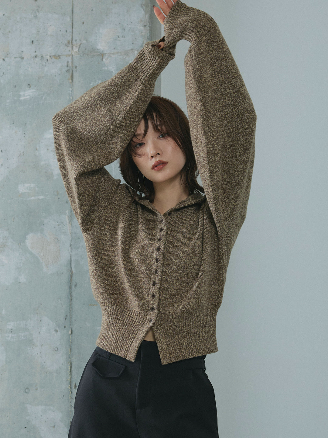 【Allure】[SET]ミックスハイネックカーディガン+サイドタックワイドパンツ(2set)