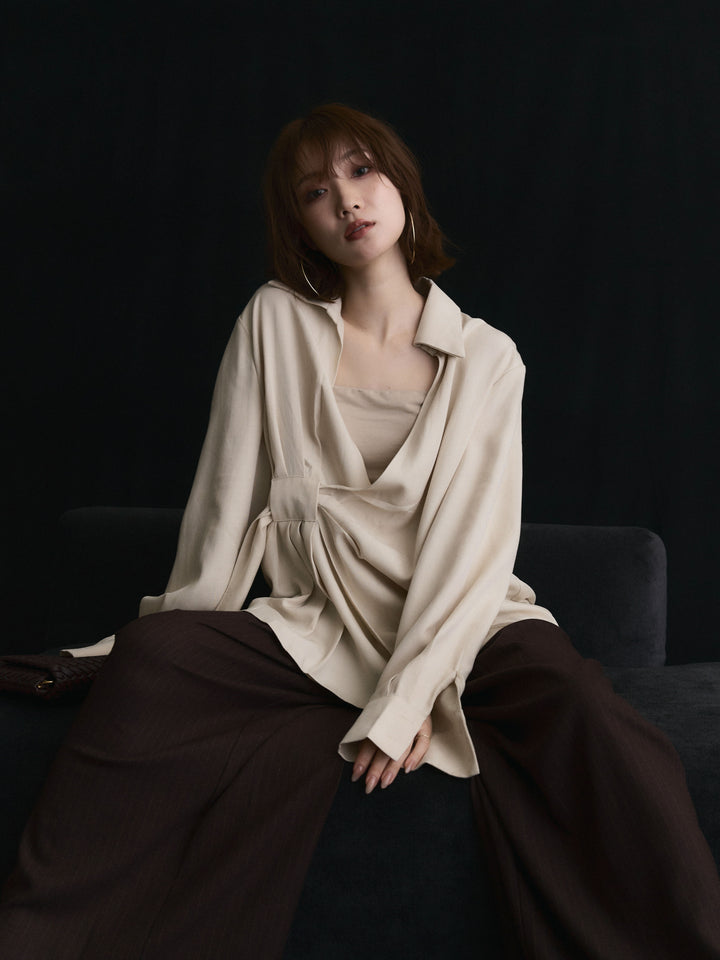 【Allure】[SET]ドレープデザインシャツ+ウールライクストライプワイドパンツ(2set)