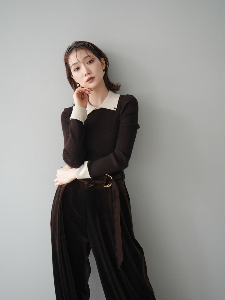 [予約]ニットカフス襟付き配色リブニットトップス/brown