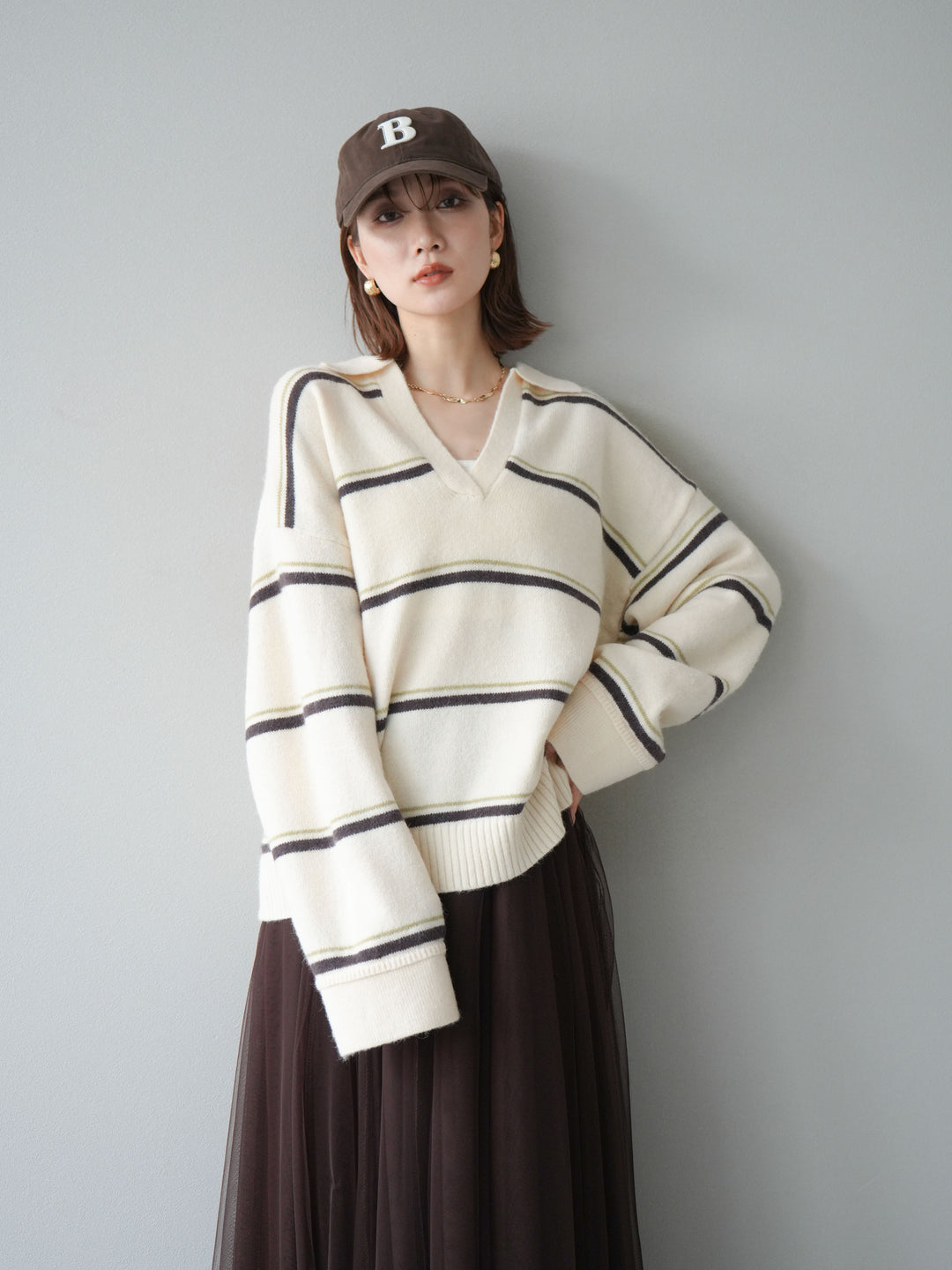 [SET]ポロ襟スキッパーボーダーニットプルオーバー+チュールボリュームスカート(2set)