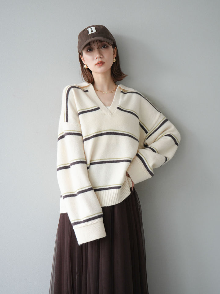 [SET]ポロ襟スキッパーボーダーニットプルオーバー+チュールボリュームスカート(2set)