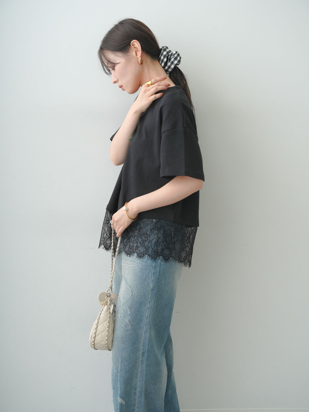 [SET]アシメレースヘムワイドTEE+グラフィックスクラッチワイドデニム(2set)