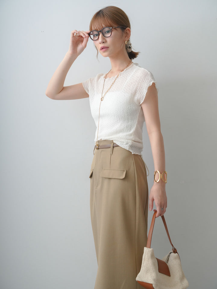 [SET]シャーリングシアーバックオープンフレンチトップス+クレープデシンフラップ付きストレートスカート(2set)