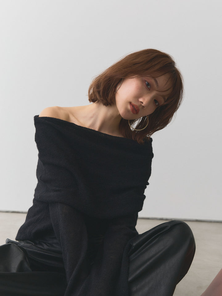 【Allure】[SET]オフショルシアーニットプルオーバー+レザータックセミワイドパンツ(2set)