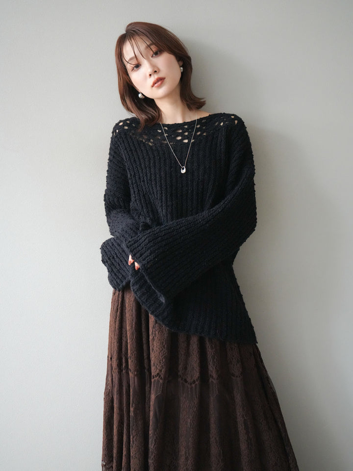 [予約]ボートネック透かし編みニットプルオーバー/navy