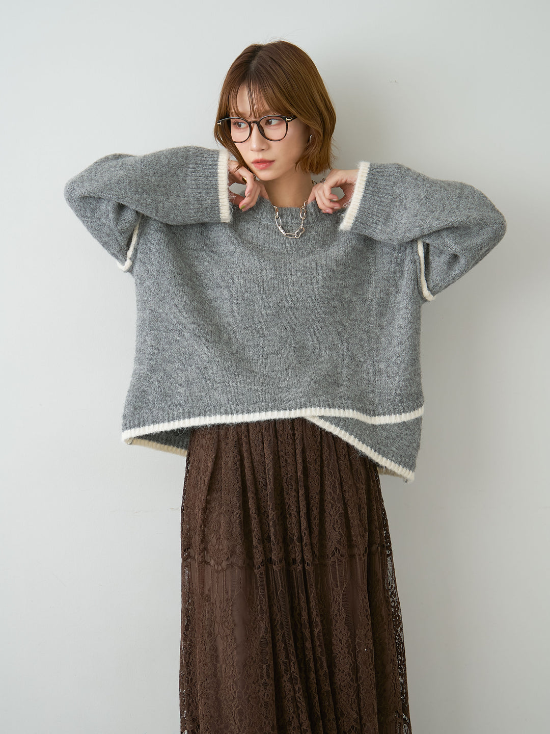[予約]配色ラインデザインヘムニットプルオーバー/gray