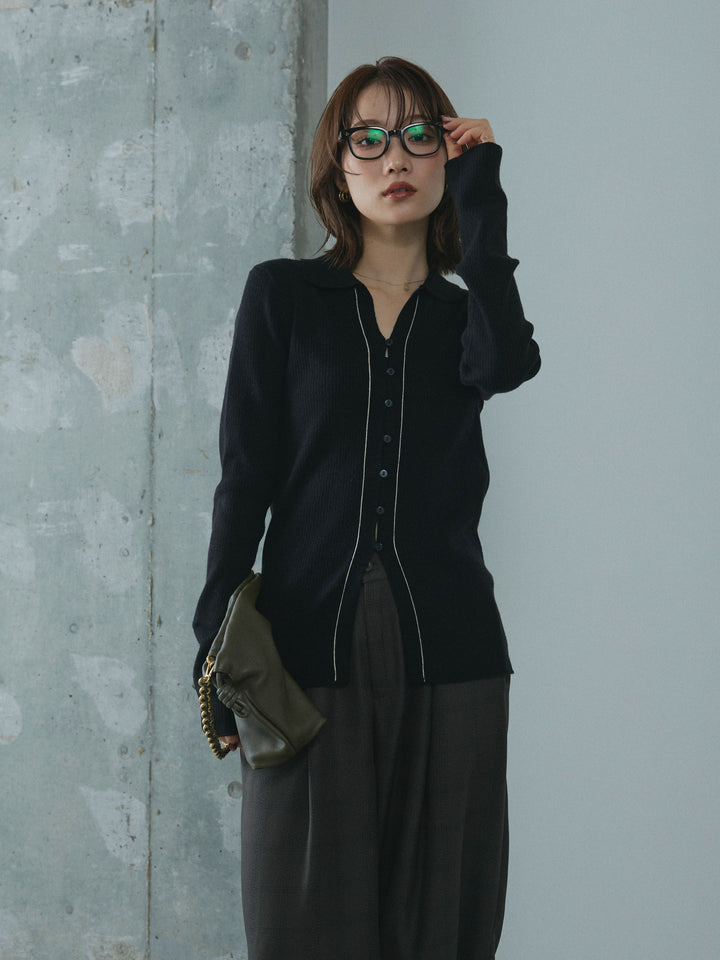 【Allure】[SET]リブ配色ラインポロニットカーディガン+杢チェックタックパンツ(2set)