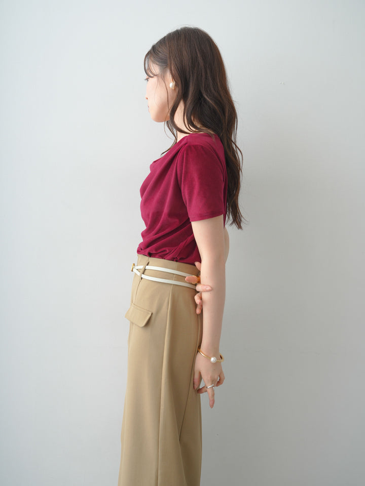 [SET]アシメネックシアーベロアトップス+クレープデシンフラップ付きストレートスカート(2set)