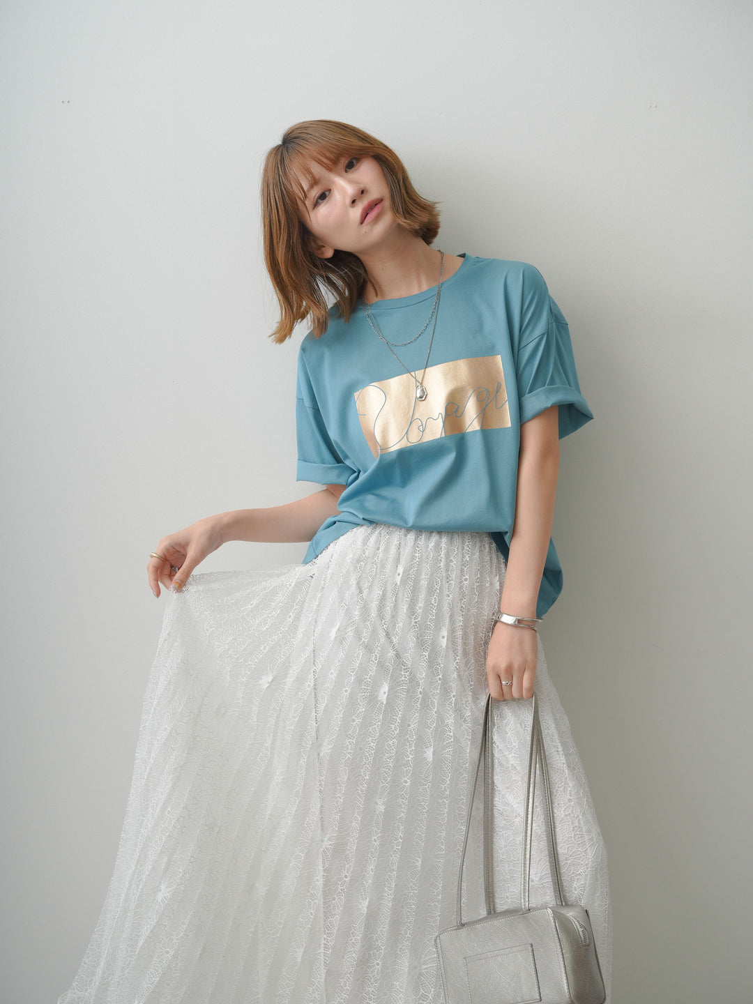 [SET]箔プリントボックスTEE+フローラルレースプリーツスカート(2set)
