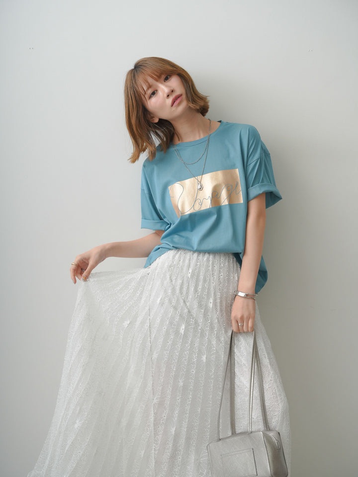 [SET]箔プリントボックスTEE+フローラルレースプリーツスカート(2set)