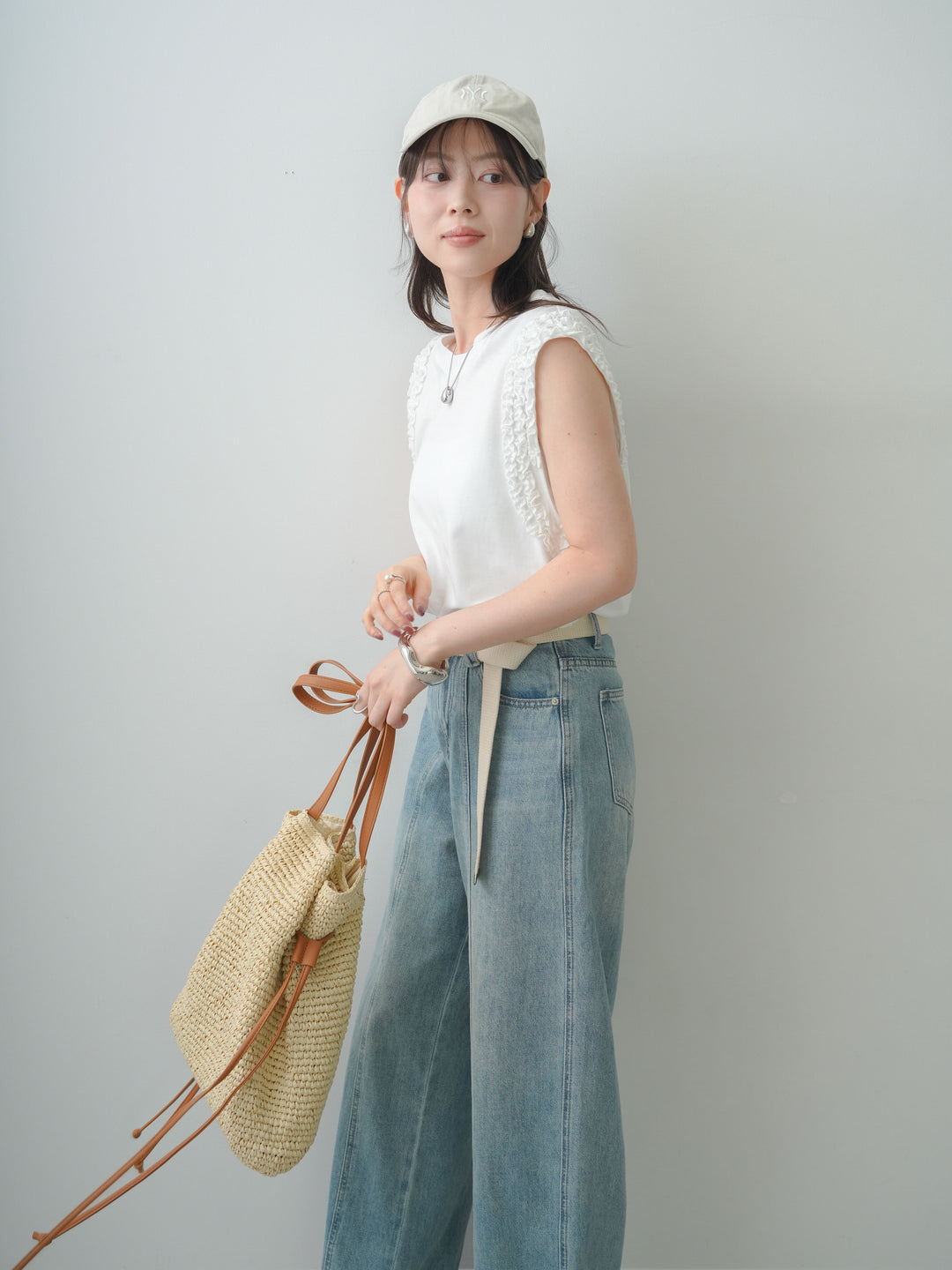 [SET]ホイップフリルフレンチTEE+センターラインワイドストレートデニム(2set)