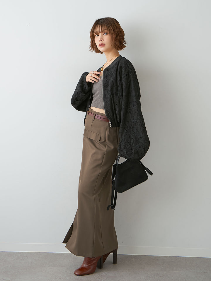 [SET]レースブルゾン+クレープデシンフラップ付きストレートスカート(2set)