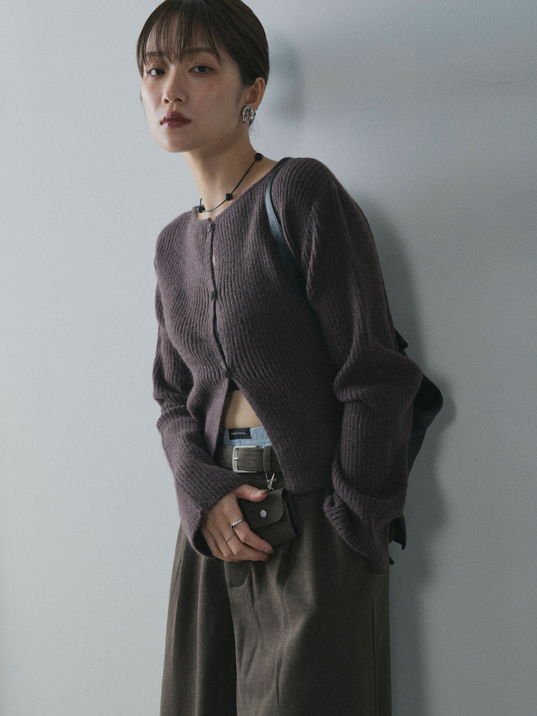 [予約]デザインショートニットカーディガン/brown