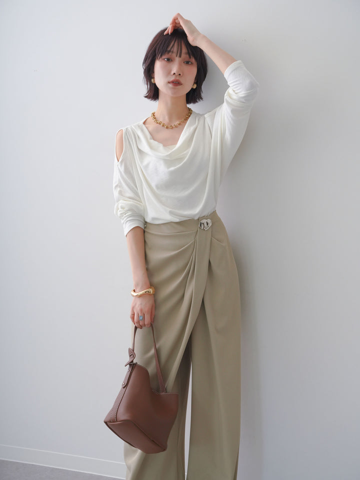 [SET]ショルダーオープンドレープネックカットソー+シルバーモチーフドレープパンツ(2set)