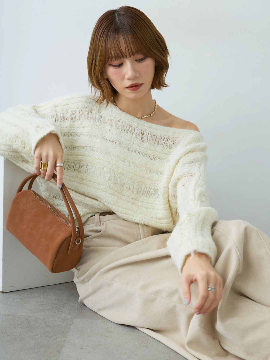 [予約]ミックス透かし編ワイドネックニットトップス/ivory