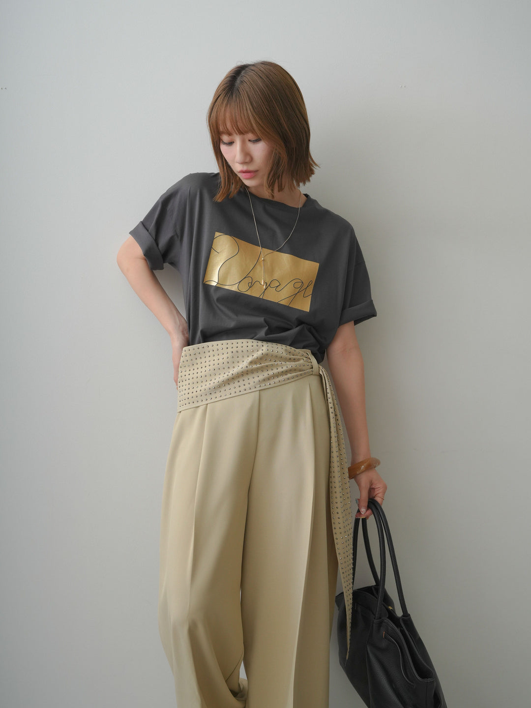 [SET]箔プリントボックスTEE+ビジューベルトタックワイドパンツ(2set)