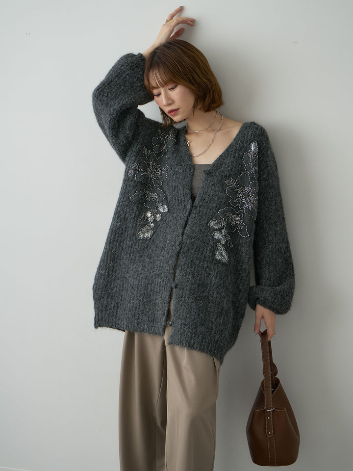 [SET]フローラルビーズニットロングカーディガン+ツイルタックワイドパンツ(2set)