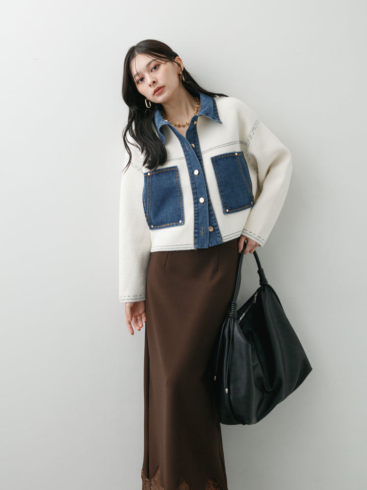 [SET]デニムコンビスムースニットジャケット+レースヘムストレッチIラインスカート(2set)