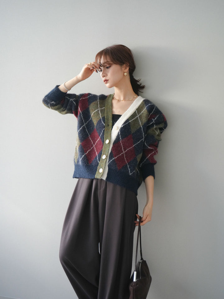 [予約]配色アーガイル柄ニットカーディガン/green
