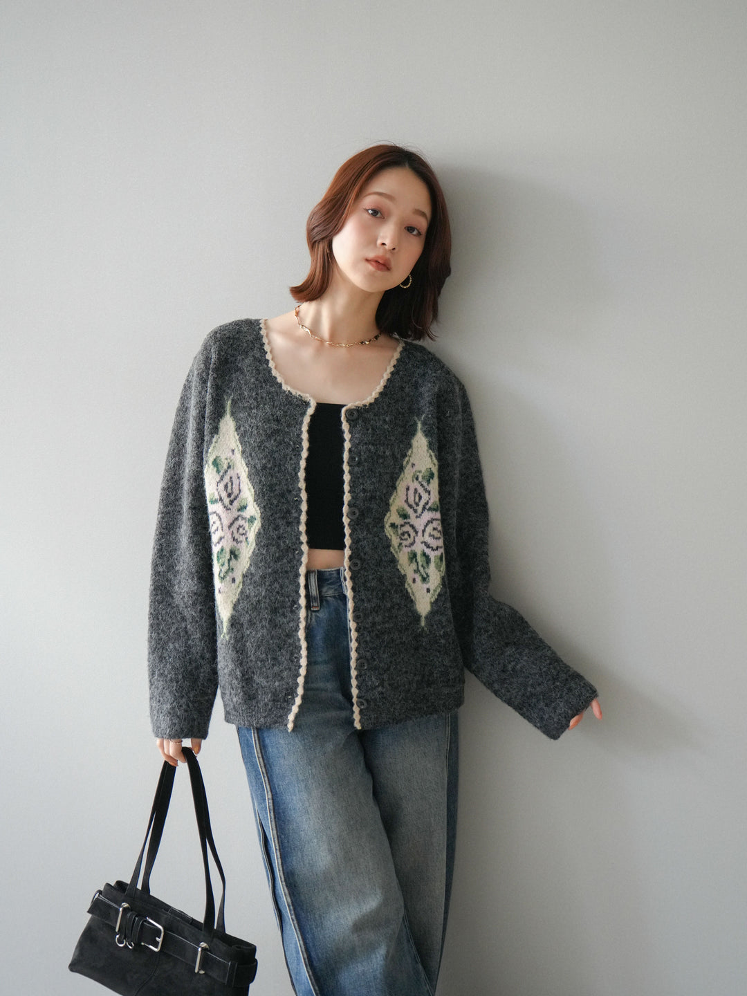 [予約]アンティークフラワージャガードニットカーディガン/charcoal