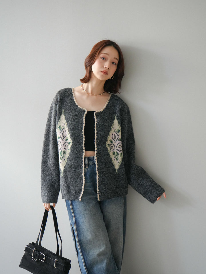 [予約]アンティークフラワージャガードニットカーディガン/charcoal