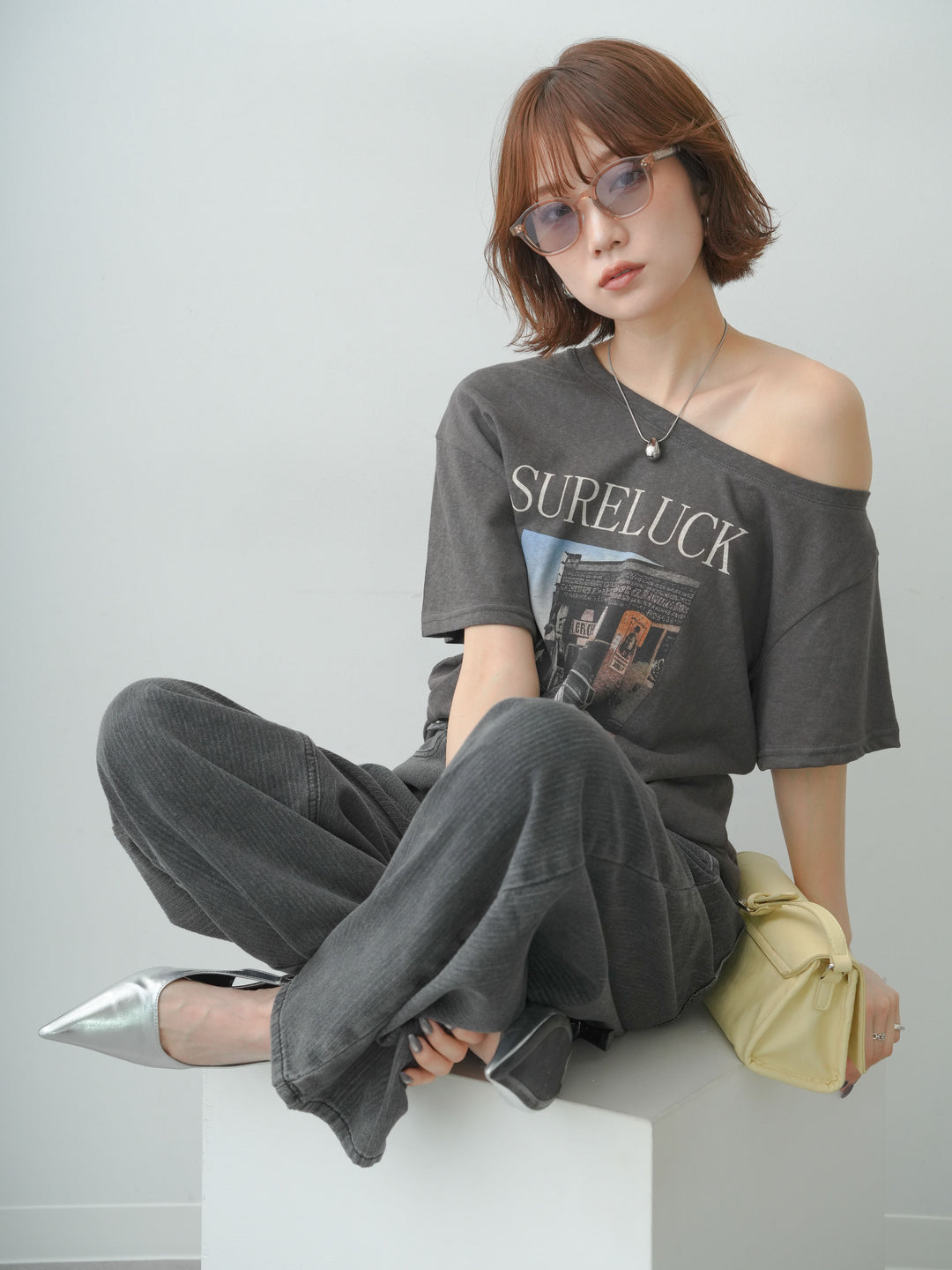 [SET]ワイドネックプリントTEE+ニュアンスウォッシュカーブデニム(2set)