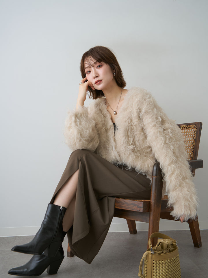 [SET]カーリーフェザーニットカーディガン+クレープデシンフラップ付きストレートスカート(2set)