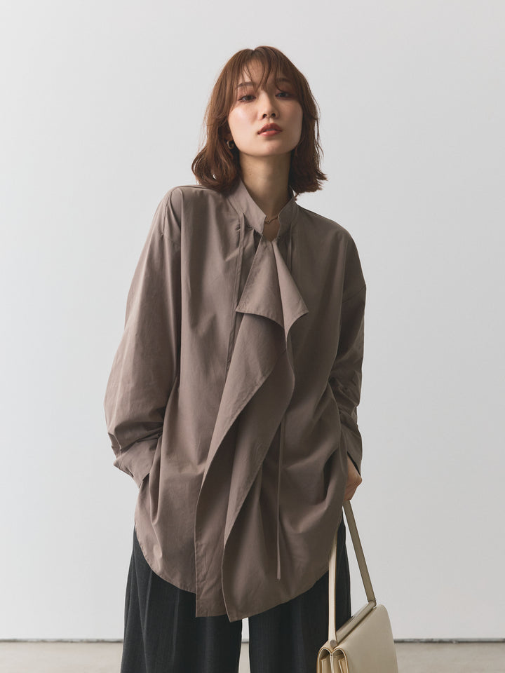 【Allure】[SET]ピーチスキンデザインネックオーバーシャツ+ウールライクストライプワイドパンツ(2set)