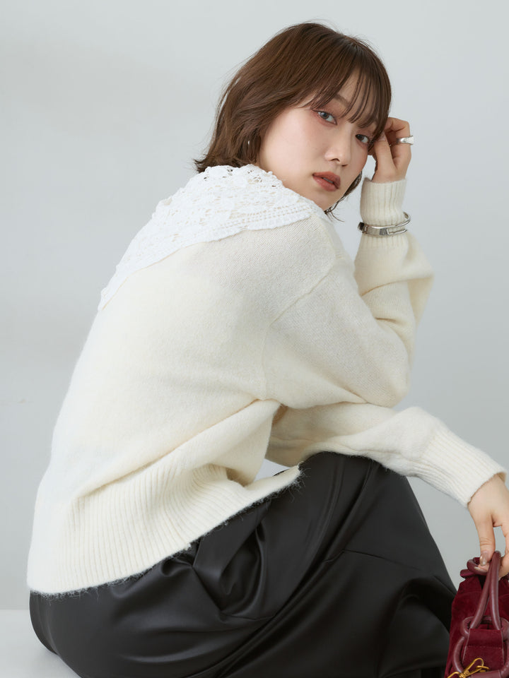 [SET]モヘアレースショールカラーカーディガン+選べるアクセセット(2set)