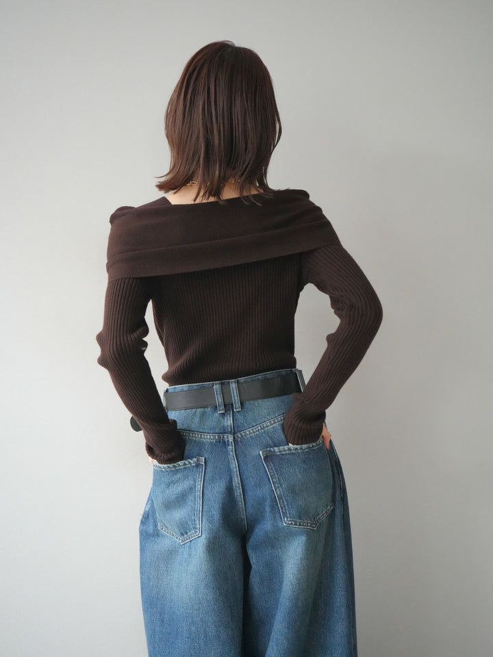 [予約]リボンモチーフオフショルリブニットトップス/brown