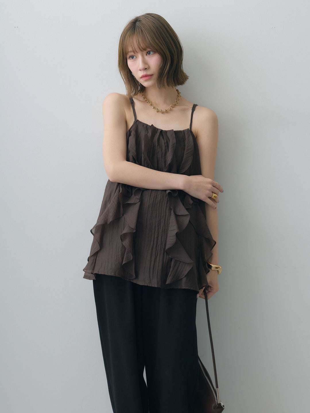 [SET]フロントラッフルシアーキャミソール+リラックスドレープスウェットパンツ(2set)