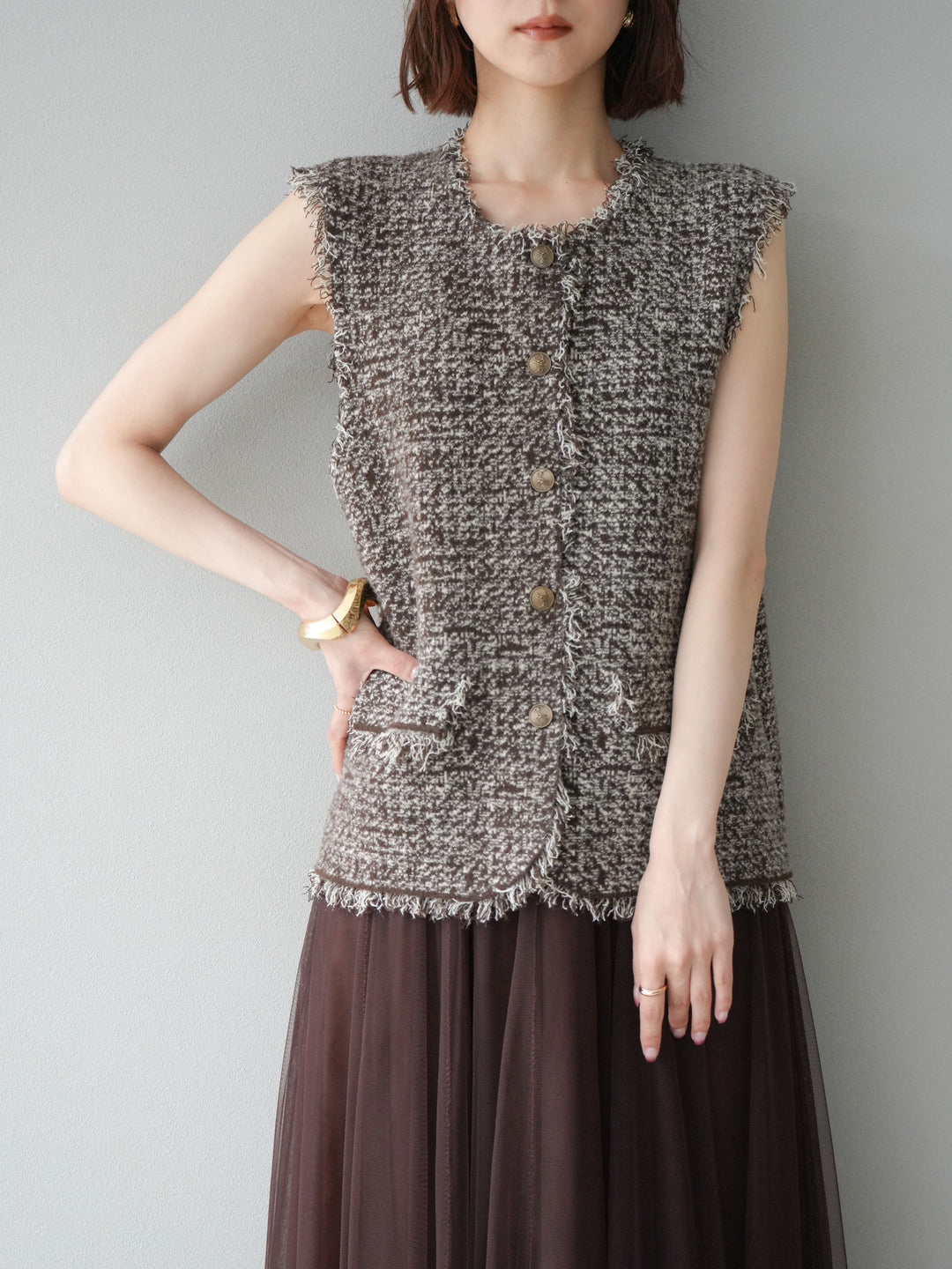 [予約]ミックスツイードフリンジニットベスト/ブラウン