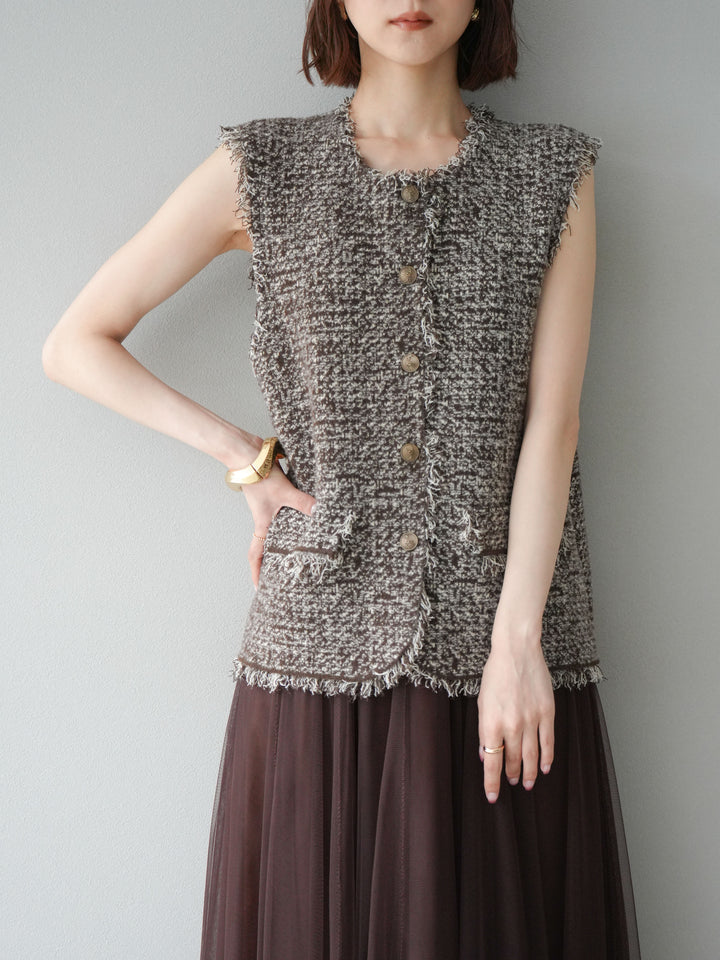 [予約]ミックスツイードフリンジニットベスト/ブラウン