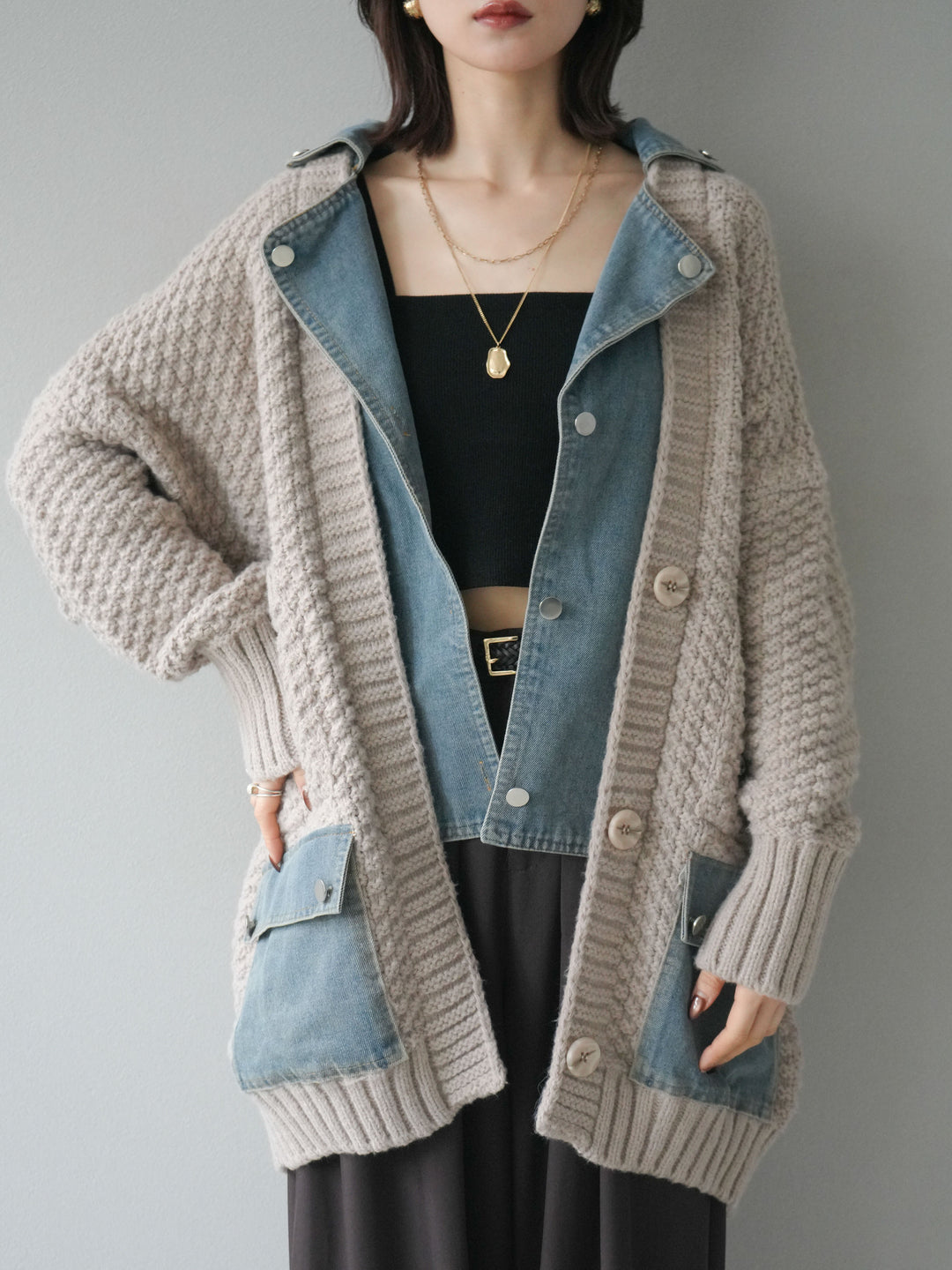 [予約]デニム襟レイヤードニットジャケット/greige