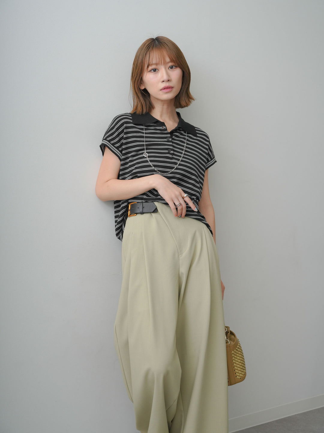 [SET]ポロニットボーダートップス+アシンメトリーベルトタックワイドパンツ(2set)